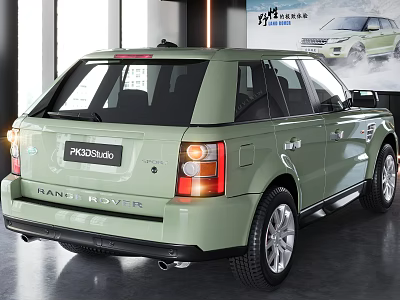 Light Green Range Rover SUV Rear View In Modern Indoor Showroom With Billboard 3d model