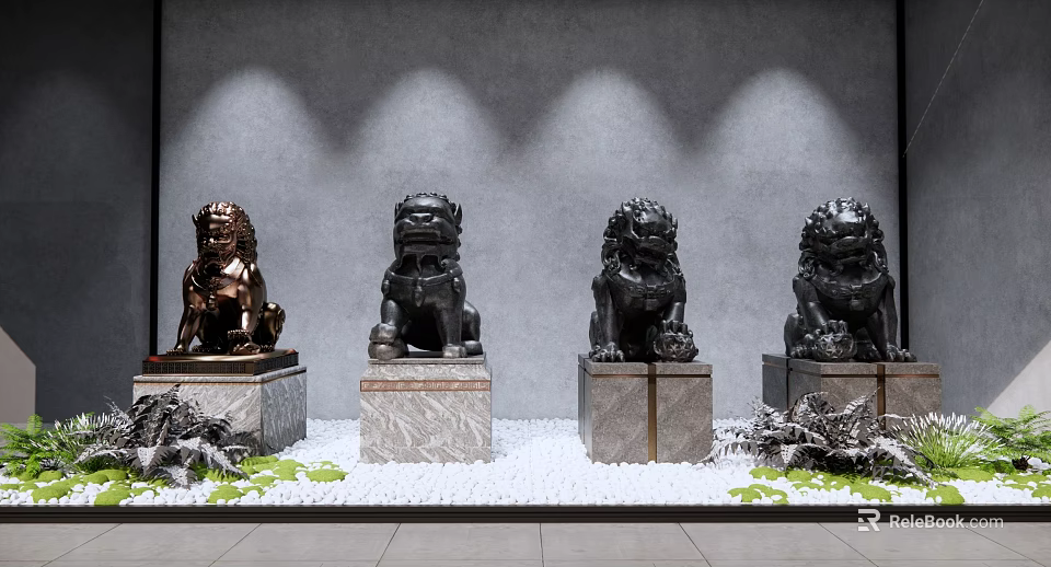 Showcase Featuring Lion Statues on Marble Pedestals Gray Wall Spotlight White Pebbles And Green Foliage 3d model 
