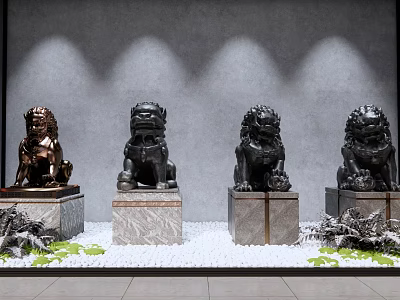 Showcase Featuring Lion Statues on Marble Pedestals Gray Wall Spotlight White Pebbles And Green Foliage 3d model
