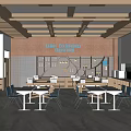 School International Classroom Interior With Wooden Ceiling Bookshelves Tables And Blue Chairs