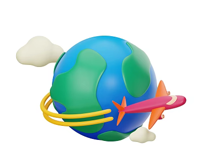 Colorful Cartoon Globe With Yellow Rings Red Airplane And White Clouds 3d model