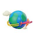 Colorful Cartoon Globe With Yellow Rings Red Airplane And White Clouds