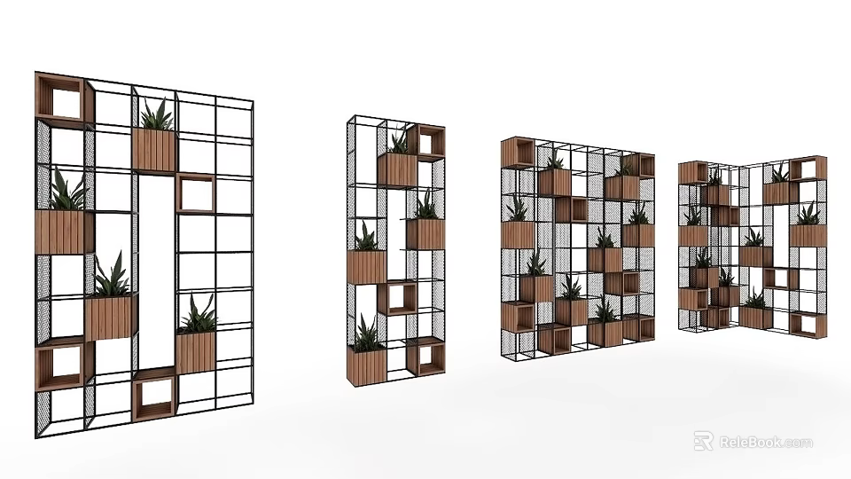 Modern Metal Frame Shelving Units With Wooden Shelves Plant Decor For Storage 3d model 
