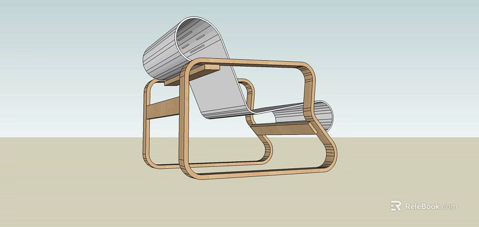 Modern Minimalist Lounge Chair With Wooden Frame And Metal Striped Seat Back 3d model 