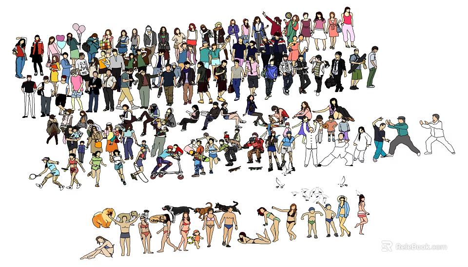 Group of People Showing Various Poses and Different Actions in Illustration 3d model 