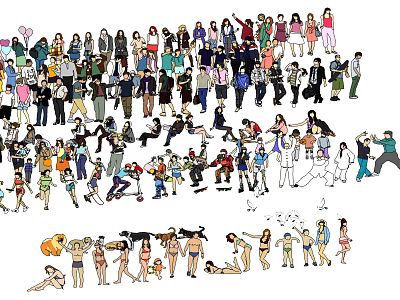 Group of People Showing Various Poses and Different Actions in Illustration 3d model