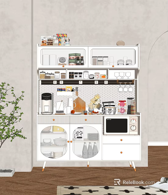 Modern White Sideboard with Open Shelves Coffee Maker Microwave and Storage Cabinets 3d model 