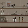 Stylish Wooden and Metal Display Shelves with Wine Bottles Glasses and Decorative Pieces