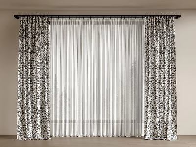 Elegant Patterned Curtains With Sheer White Panels For Window Decor Design 3d model