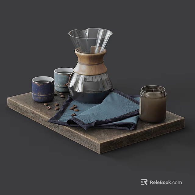 Coffee Brewing Setup With Pour Over Maker Mugs And Beans 3d model 