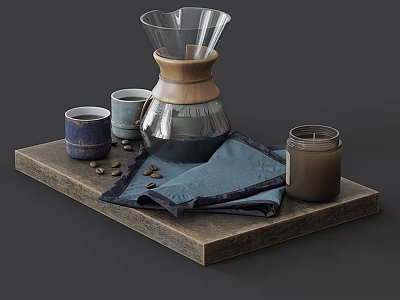 Coffee Brewing Setup With Pour Over Maker Mugs And Beans 3d model