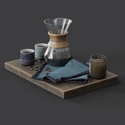 Coffee Brewing Setup With Pour Over Maker Mugs And Beans 3d model