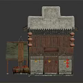 Cartoon Scene Chinese Traditional Building With Tile Roof Wooden Facade Red Lanterns And Earthen Jars
