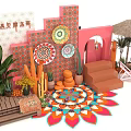 Vibrant Festival Decoration Scene With Colorful Patterns Cacti Green Plants Archway And Steps