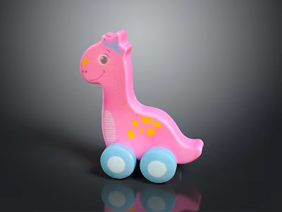 Cute Pink Dinosaur Doll With Yellow Spots And Blue Wheels For Children 3d model