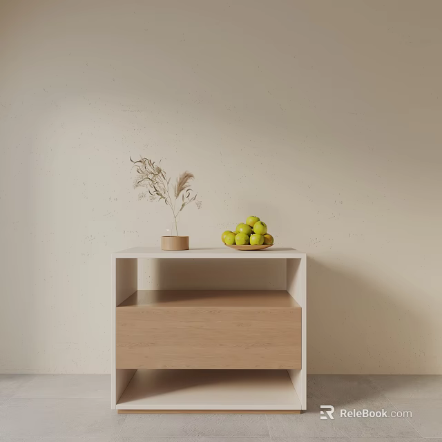 Modern White And Wooden Bedside Table With Dried Pampas Grass And Green Apples 3d model 