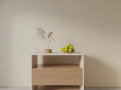 Modern White And Wooden Bedside Table With Dried Pampas Grass And Green Apples 3d model