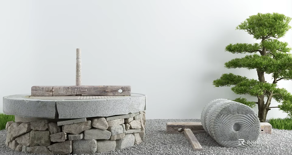 Traditional Karesansui Zen Garden With Stone Mill Gravel Stone Pile And Pine Tree 3d model 