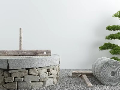 Traditional Karesansui Zen Garden With Stone Mill Gravel Stone Pile And Pine Tree 3d model
