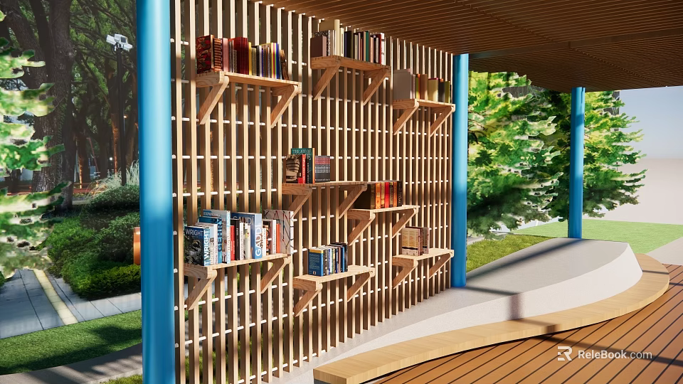 Garden Landscape Featuring Wooden Lattice Wall With Bookshelves Blue Columns And Outdoor Wooden Deck 3d model 