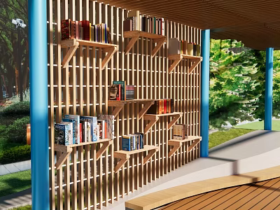 Garden Landscape Featuring Wooden Lattice Wall With Bookshelves Blue Columns And Outdoor Wooden Deck 3d model