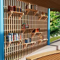 Garden Landscape Featuring Wooden Lattice Wall With Bookshelves Blue Columns And Outdoor Wooden Deck