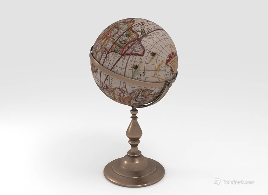 Vintage Globe Decorative Ornament Set With Metal Stand And Map Design Base 3d model 