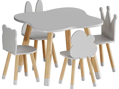 Kids Wooden Desk with Light Gray Surface and Cloud Crown Rabbit Ear Chairs 3d model