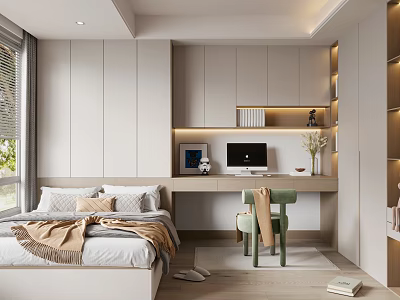 Modern Minimalist Tatami Bedroom With Bed Desk Computer Bookshelf And Storage Cabinets 3d model