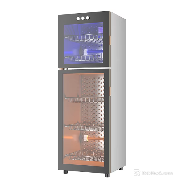Double Door Glass Front Kitchen Appliance With Metal Shelves For Food Storage 3d model 