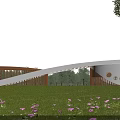 Modern Curved Entrance Gate With White Roof Wooden Structure Circular Windows Green Lawn Purple Flowers