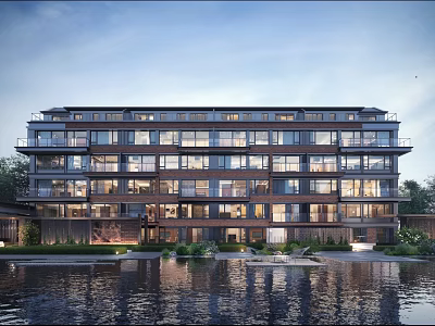Modern Multi Story Townhouse Exterior With Large Windows And Waterfront Landscaping 3d model