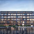 Modern Multi Story Townhouse Exterior With Large Windows And Waterfront Landscaping