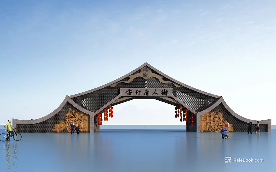 Traditional Chinese Entrance Gate With Curved Eaves Red Lanterns And Lakeside View 3d model 