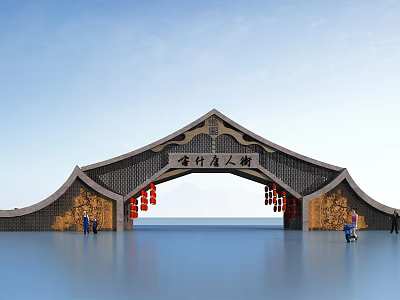 Traditional Chinese Entrance Gate With Curved Eaves Red Lanterns And Lakeside View 3d model