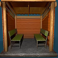 Wooden Shelter With Corrugated Roof Green Benches Red Walls And Stone Base