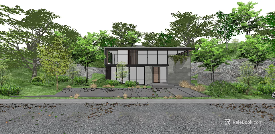 Modern Detached Villa With Glass Facade Minimalist Exterior And Green Trees 3d model 