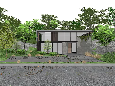 Modern Detached Villa With Glass Facade Minimalist Exterior And Green Trees 3d model