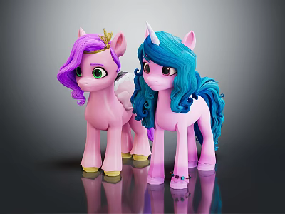 Colorful Unicorn Toy Ponies Pink Blue With Long Hair Standing Together 3d model