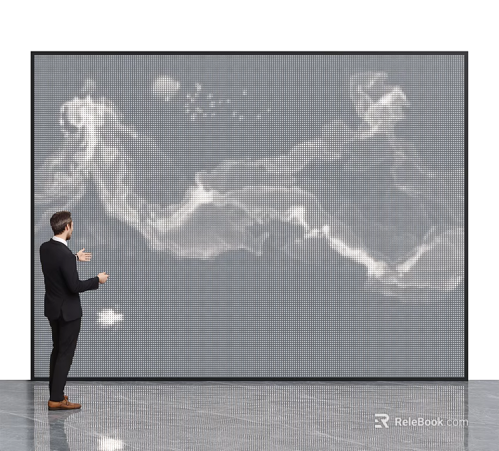 Businessman in Suit Interacting With Large Digital Screen Showing Dynamic White Patterns 3d model 