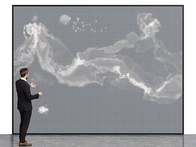 Businessman in Suit Interacting With Large Digital Screen Showing Dynamic White Patterns 3d model