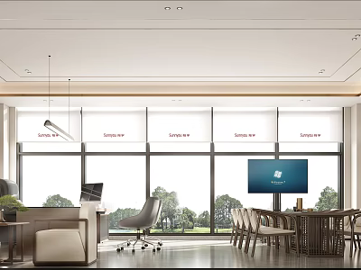 Modern Office Interior With Large Windows Desk Ergonomic Chair Conference Table And Plants 3d model