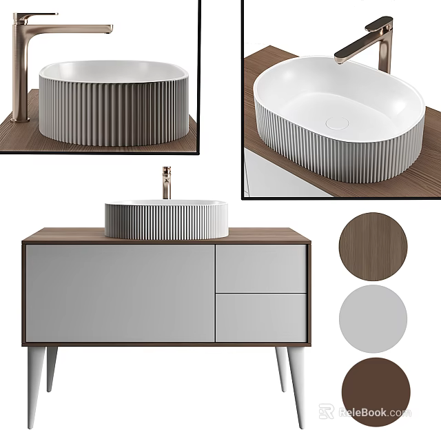 Elegant Bathroom Vanity With White Ribbed Washbasin Wooden Cabinet In Gray And Brown 3d model 