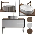 Elegant Bathroom Vanity With White Ribbed Washbasin Wooden Cabinet In Gray And Brown
