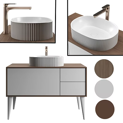Elegant Bathroom Vanity With White Ribbed Washbasin Wooden Cabinet In Gray And Brown 3d model