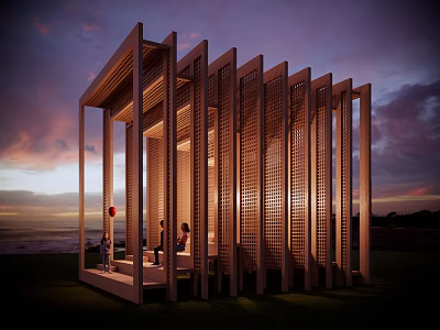 Modern Wooden Landscape Pavilion With Lattice Screens And Sunset Sky Backdrop 3d model