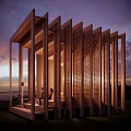Modern Wooden Landscape Pavilion With Lattice Screens And Sunset Sky Backdrop
