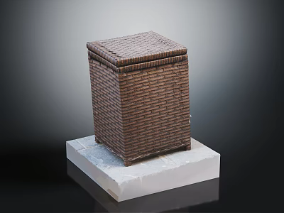 Brown Wicker Basket With Lid On White Square Base And Woven Texture 3d model