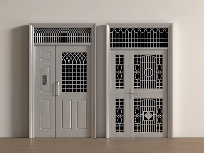Metal Swing Doors with Grilles and Intricate Patterns Light Gray Frames and Classic Exterior Design 3d model