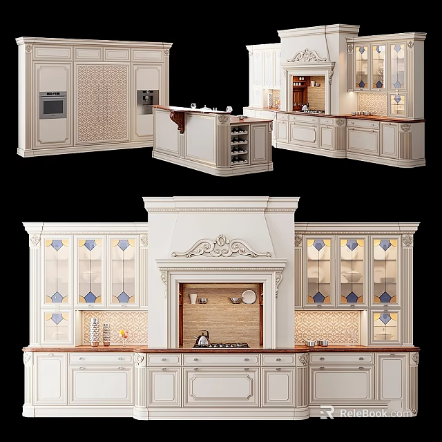 White Carved Kitchen Cabinets With Glass Doors And Wooden Countertops Decorative Top 3d model 